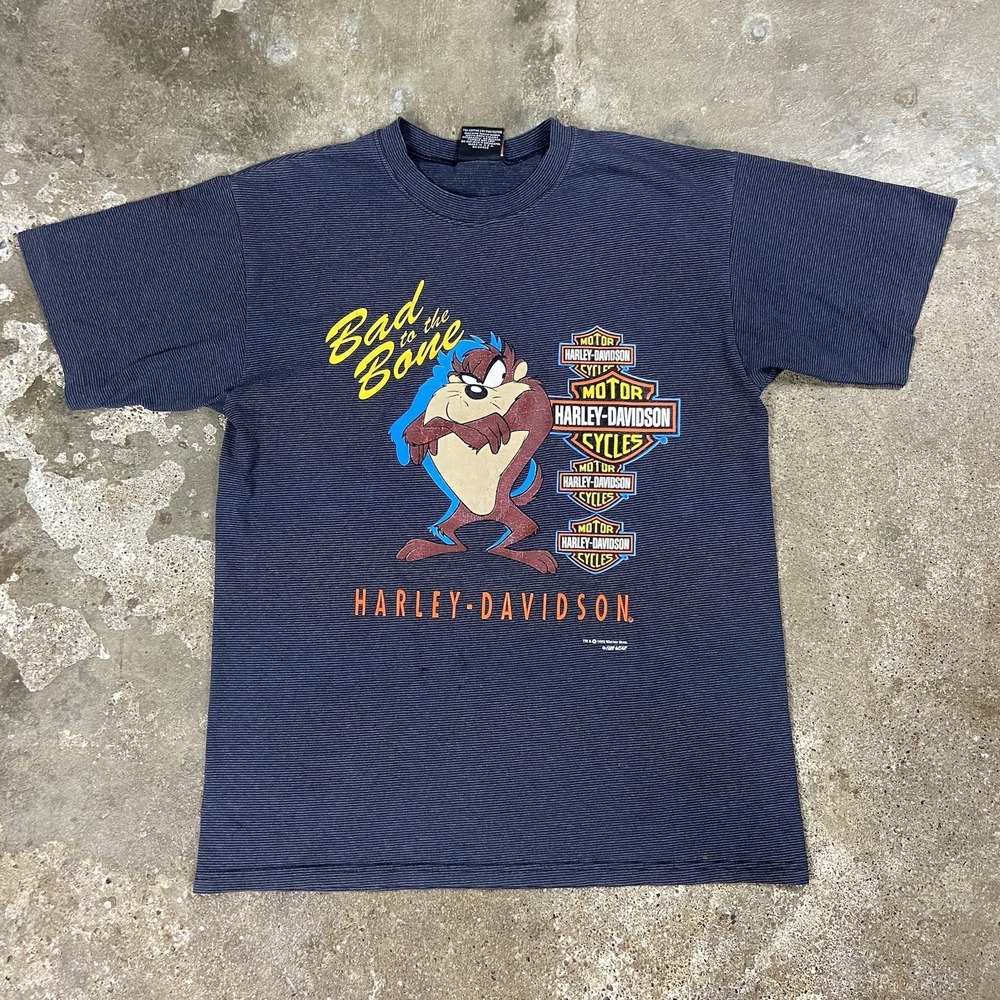 Vintage 1993 Harley Davidson T Shirt Size Large Gray Striped Bad To The Bone Taz